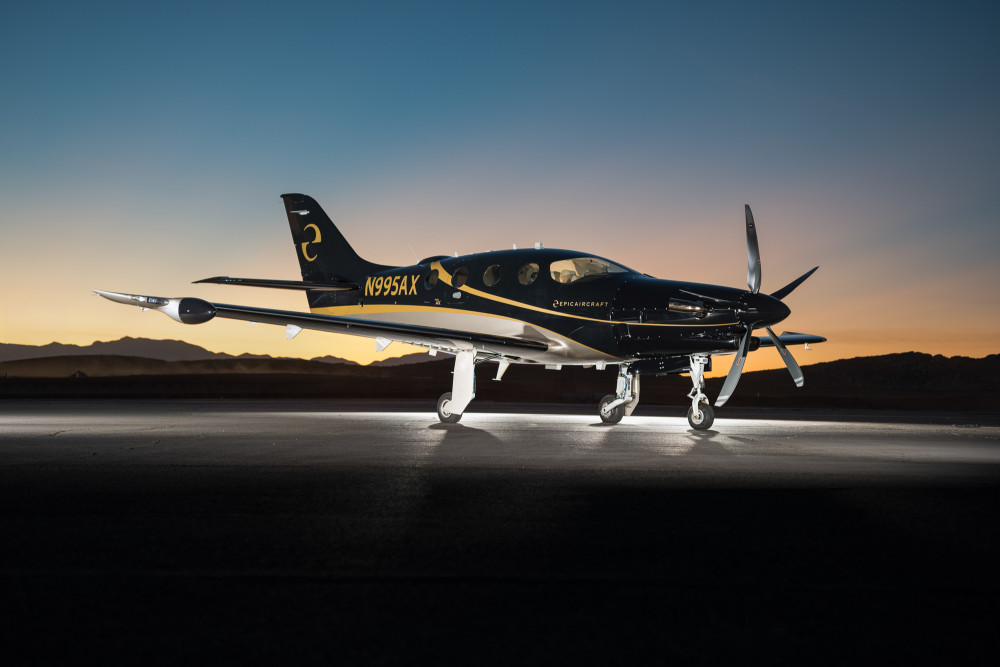 Epic E1000 turboprop on the ramp at dusk