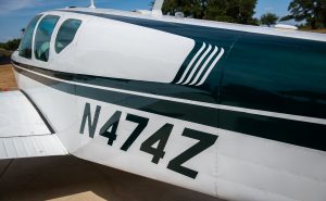 N474Z registration on the fuselage of a 1957 Beechcraft H35 Bonanza